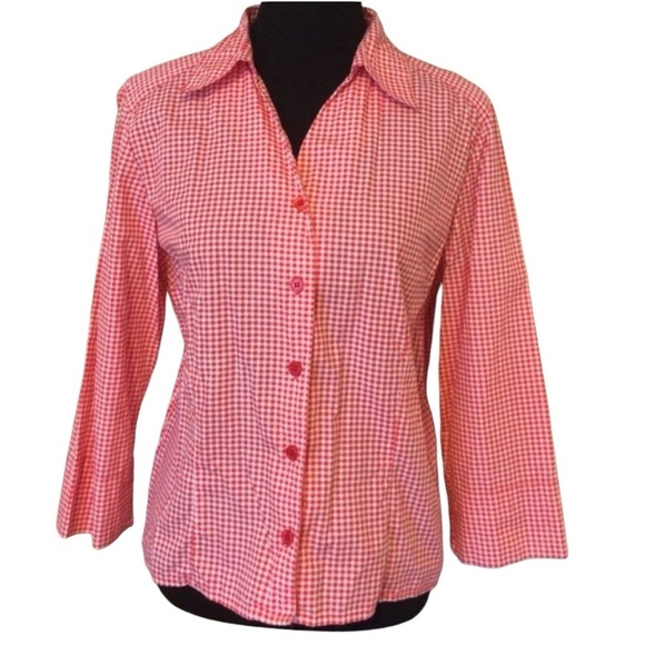 Lemon Grass Tops - Lemon Grass Women Cotton Top M Red 3/4 Cuffed Sleeve Button Up Checked Preppy